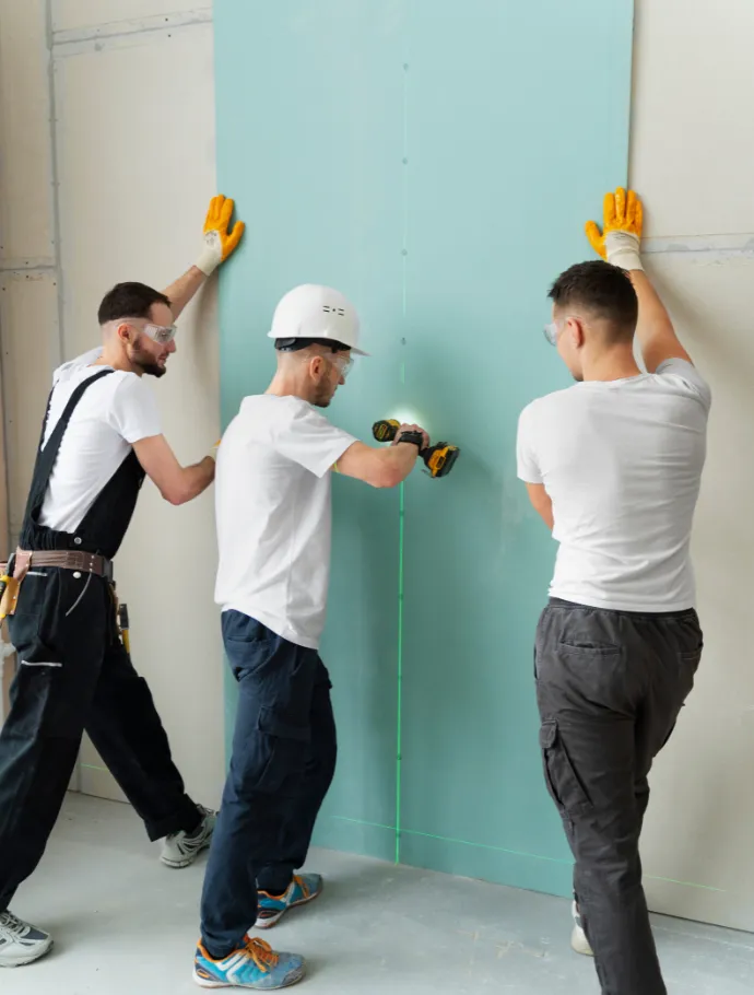 construction team installing drywall during home remodeling project in Los Angeles