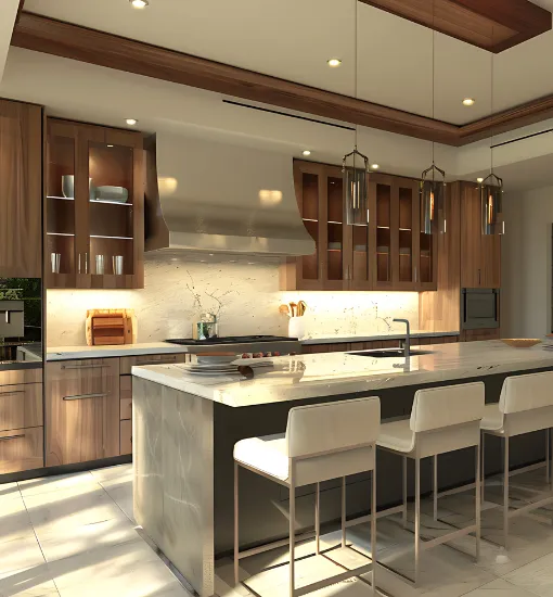 modern kitchen remodeling project in Los Angeles with custom wood cabinets, marble island, and open concept design